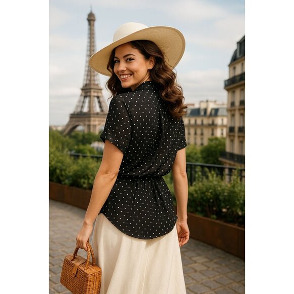 The Limited Silk XL Black White Polka Dot Sheer Blouse Short Sleeve Sheercore - Picture 7 of 11